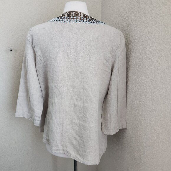 Chicos Jacket Women's 2 L 12‎ Embellished 100% Linen 3/4 Sleeves Tan Boho Casual - Picture 5 of 15